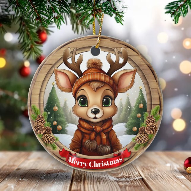 Xmas Deer with Antlers Animal Character Decor 🦌🎄 Keramik Ornament (Editable Text Xmas Deer with Antlers Animal Character Reindeer Christmas Decor Ceramic Ornament 🦌🎄)