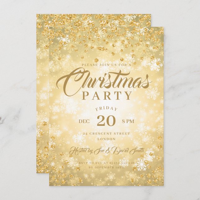 Xmas Dinner Party Gold Winter Diamanten Glitzer Einladung (Vorne/Hinten)