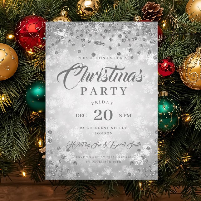 Xmas Dinner Party Silver Winter Diamonds Glitzer Einladung (Xmas Dinner Party Silver Winter Diamonds Glitter Invitation)