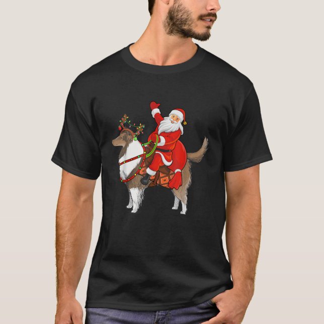 Xmas Family Matching Funny Santa Riding Sheepdog C T-Shirt (Vorderseite)