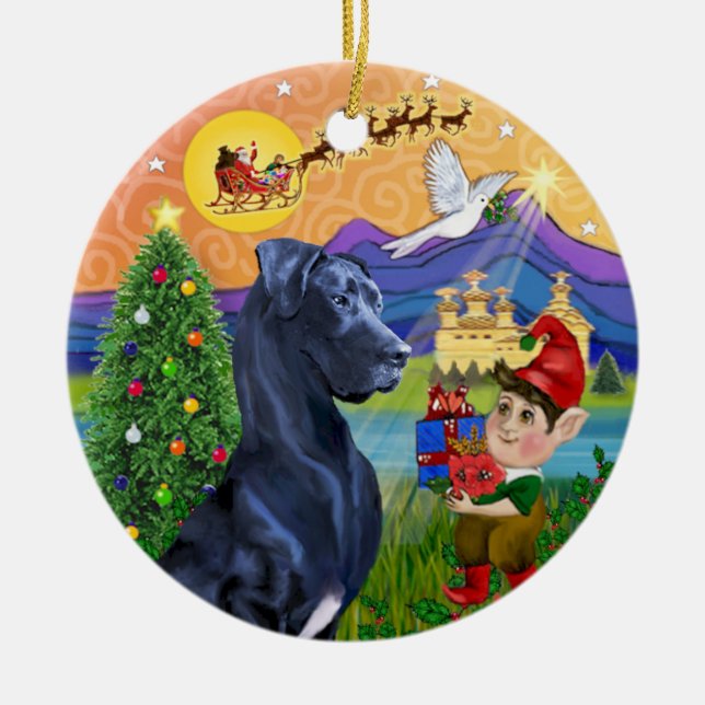 Xmas Fantasy* - Blue Great Dane (natürliche Ohren) Keramikornament (Vorne)