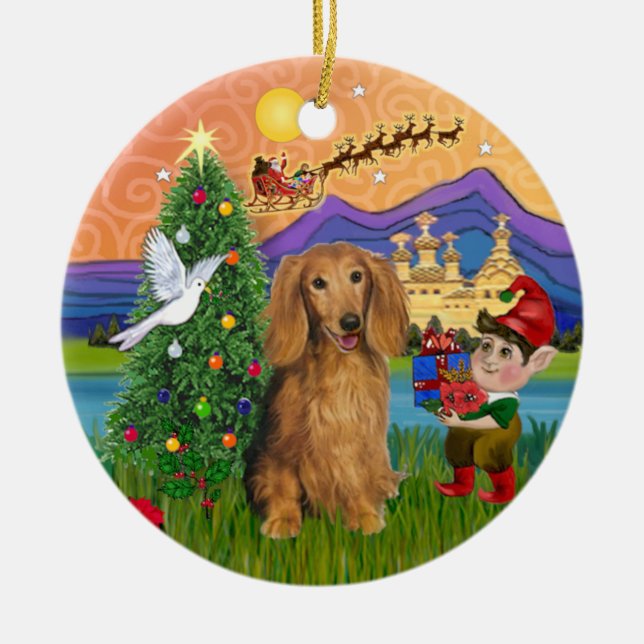 Xmas Fantasy - Langhaarige tragbare Dackel Keramikornament (Vorne)