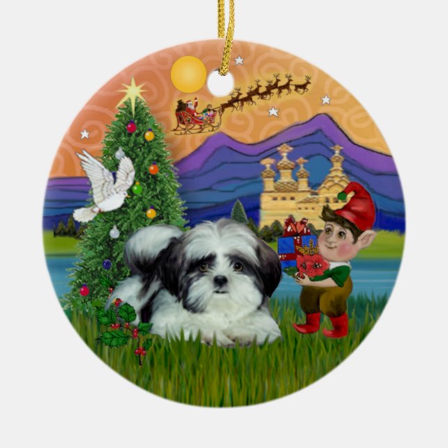 Xmas Fantasy - Shih Tzu (schwarz-weiß) Keramikornament (Vorne)