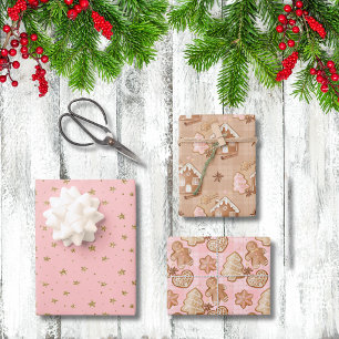 Xmas Gingerbread Men House Trees Stars Herz rosa Geschenkpapier Set