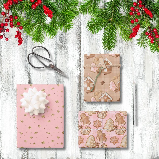 Xmas Gingerbread Men House Trees Stars Herz rosa Geschenkpapier Set (Von Creator hochgeladen)