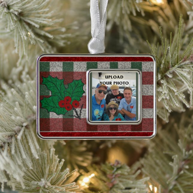 Xmas Gingham - Ihr Foto - Personalisiert Rahmen-Ornament Silber (Baum)