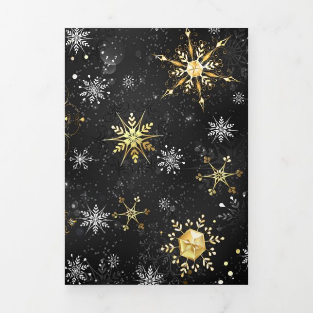 Xmas Golden Snowflakes on Black Background Dreifach Gefaltete Einladung (Cover)