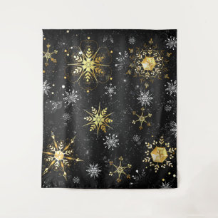 Xmas Golden Snowflakes on Black Background Wandteppich