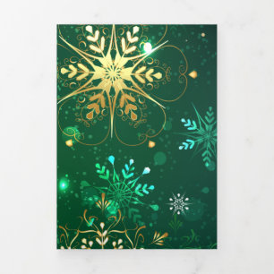 Xmas Golden Snowflakes on Green Background Dreifach Gefaltete Ankündigung