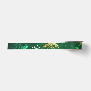 Xmas Golden Snowflakes on Green Background Satinband