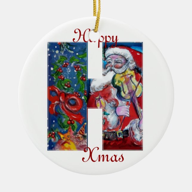 XMAS H SCHREIBEN /SANTA CLAUS MIT VIOLIN MONOGRAMM KERAMIKORNAMENT (Vorne)