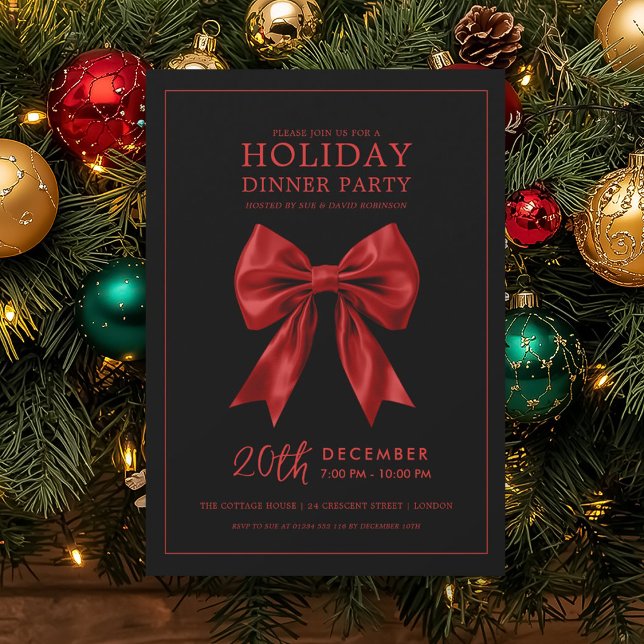 Xmas Holiday Dinner Party Red Satin Bow Black  Einladung (Xmas Holiday Dinner Party Red Satin Bow Black Invitation)