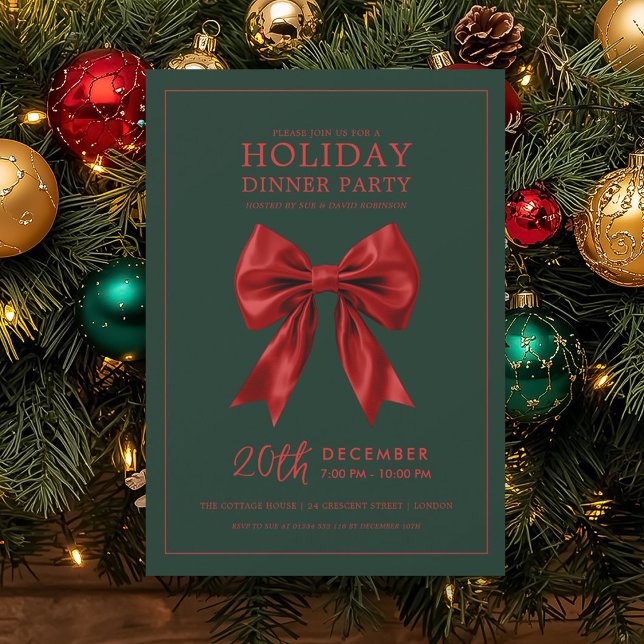 Xmas Holiday Dinner Party Red Satin Bow Green  Einladung (Xmas Holiday Dinner Party Red Satin Bow Green Invitation)