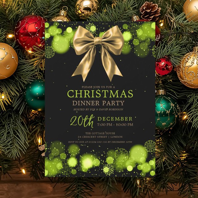 Xmas Holiday Dinner Party Winter Gold Bow Green Einladung (Xmas Holiday Dinner Party Winter Gold Bow Green Invitation)
