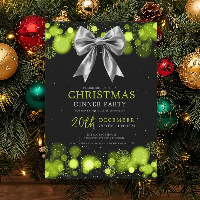Xmas Holiday Dinner Party Winter Silver Bow Green  Einladung (Xmas Holiday Dinner Party Winter Silver Bow Green Invitation)
