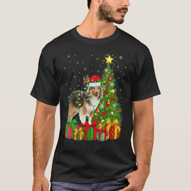 Xmas Holiday Lights Santa Sheltie Dog Christmas Tr T-Shirt (Vorderseite)