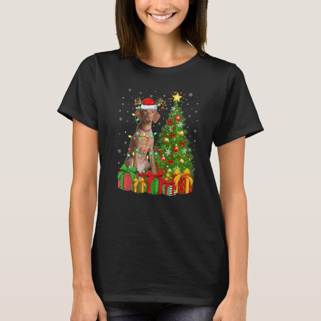 Xmas Holiday Lights Santa Vizsla Dog Christmas Tre T-Shirt (Vorderseite)