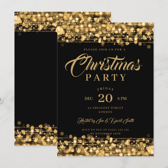 Xmas Holiday Party Gold String Lights Einladung (Vorne/Hinten)