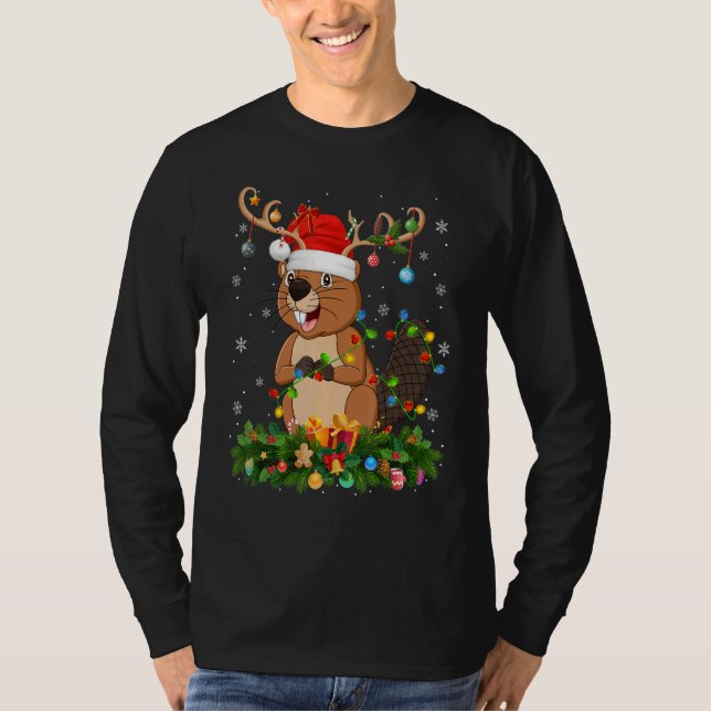 Xmas Holiday Reindeer Hat Santa Beaver Christmas T-Shirt (Vorderseite)