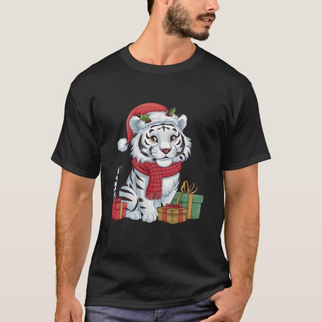 Xmas Holiday Santa White Tiger Weihnachten T-Shirt (Vorderseite)