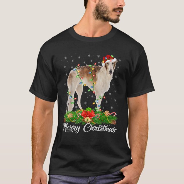 Xmas Licht Decke Weihnachtsmannmütze Borzoi Dog We T-Shirt (Vorderseite)