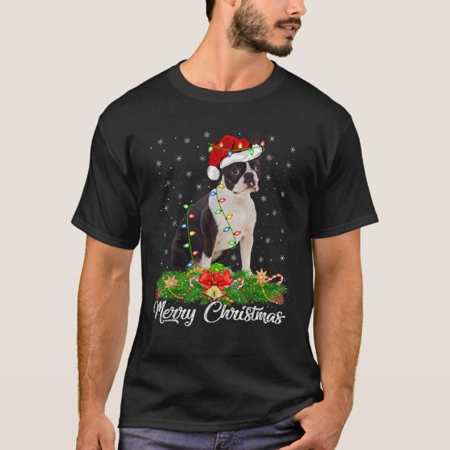 Xmas Licht Decor Weihnachtsmannmütze Boston Terrie T-Shirt (Vorderseite)