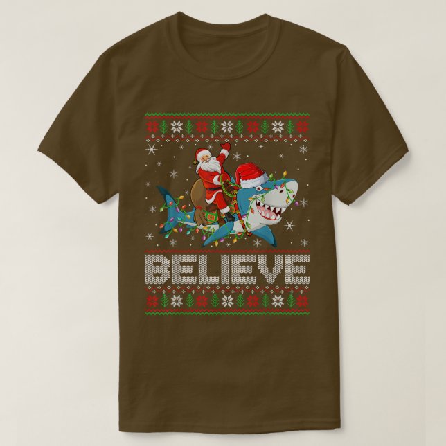 Xmas Lichter Hai glauben Ugly Santa Riding Hai T-Shirt (Design vorne)