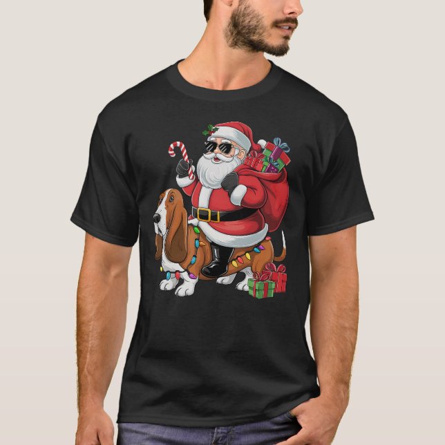 Xmas Lighting Funny Santa Riding Basset Hound Dog  T-Shirt (Vorderseite)