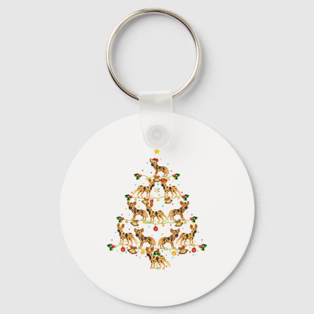 Xmas Lighting Santa African Wild Dog Christmas Tre Schlüsselanhänger (Vorderseite)