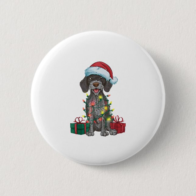 Xmas Lighting Santa German Drahthaar Pointer Dog Button (Vorderseite)