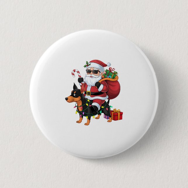 Xmas Lighting Santa Riding Miniatur Pinscher Hund Button (Vorderseite)