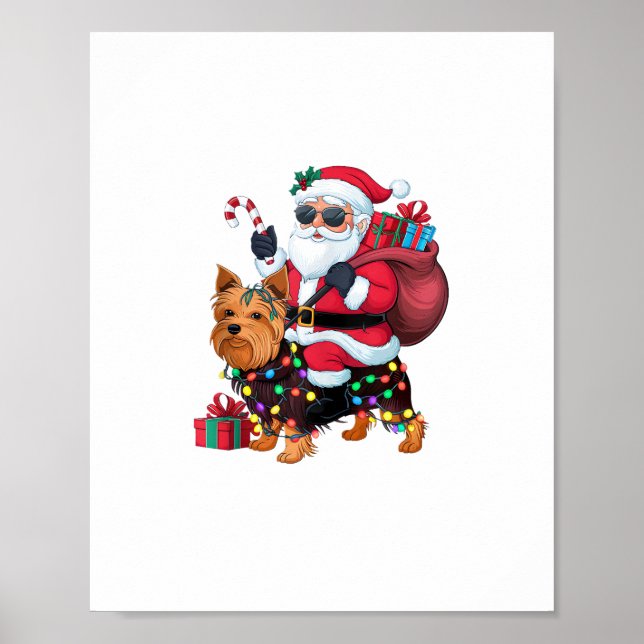 Xmas Lighting Santa Riding Yorkshire Terrier Dog C Poster (Vorne)
