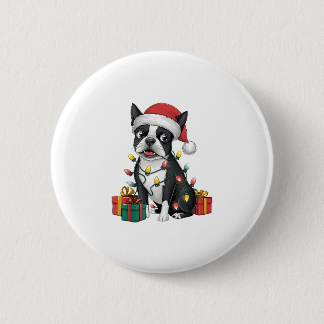 Xmas Lighting Weihnachtsmannmütze Boston Terrier D Button (Vorderseite)