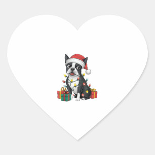 Xmas Lighting Weihnachtsmannmütze Boston Terrier D Herz-Aufkleber