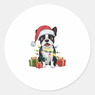 Xmas Lighting Weihnachtsmannmütze Boston Terrier D Runder Aufkleber
