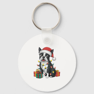 Xmas Lighting Weihnachtsmannmütze Boston Terrier D Schlüsselanhänger