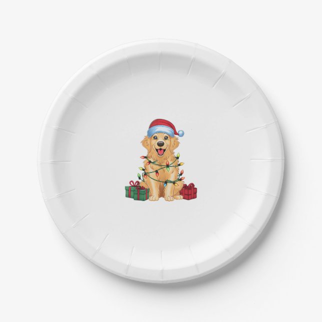 Xmas Lighting Weihnachtsmannmütze Golden Retriever Pappteller (Vorderseite)