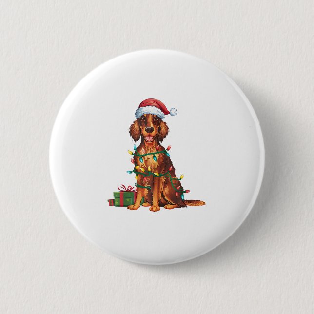 Xmas Lighting Weihnachtsmannmütze Irish Setter Dog Button (Vorderseite)