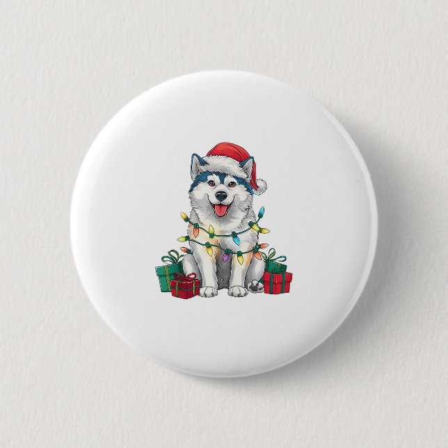 Xmas Lighting Weihnachtsmannmütze Malamute Dog Wei Button (Vorderseite)