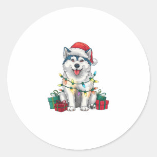 Xmas Lighting Weihnachtsmannmütze Malamute Dog Wei Runder Aufkleber