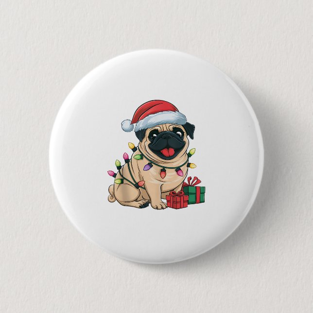 Xmas Lighting Weihnachtsmannmütze Mops Hunde Weihn Button (Vorderseite)