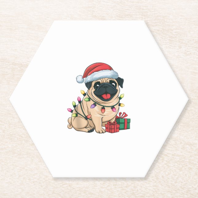 Xmas Lighting Weihnachtsmannmütze Mops Hunde Weihn Untersetzer (Vorderseite)