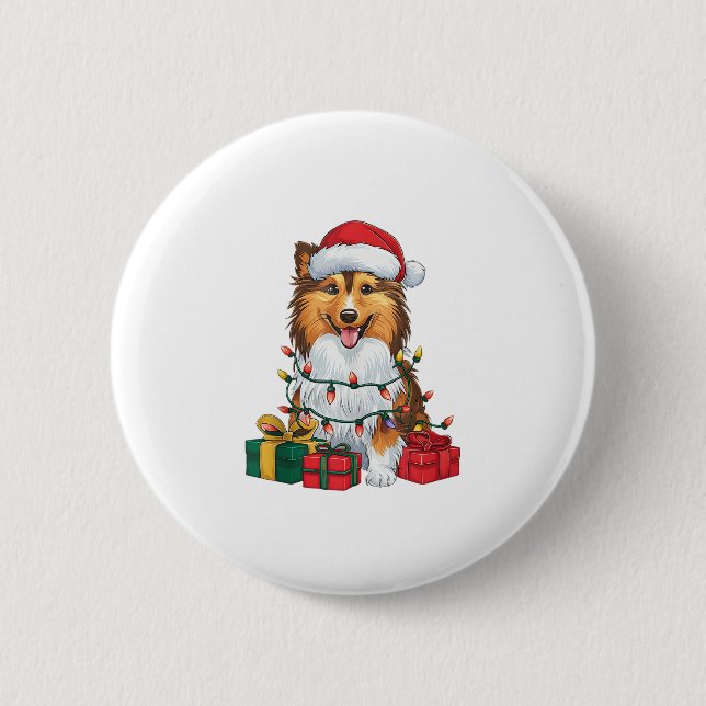 Xmas Lighting Weihnachtsmannmütze Sheltie Dog Weih Button (Vorderseite)