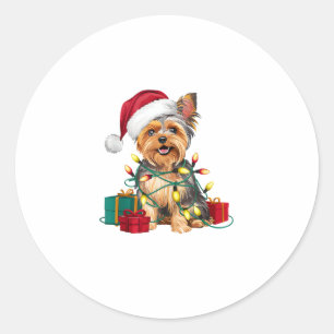 Xmas Lighting Weihnachtsmannmütze Yorkie Dog Weihn Runder Aufkleber