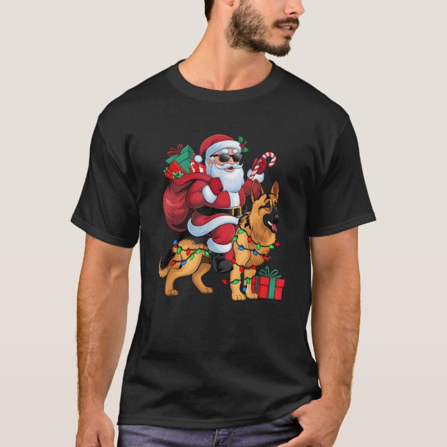 Xmas Lights Funny Santa Riding Deutscher Schäferhu T-Shirt (Vorderseite)