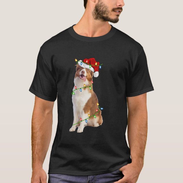 Xmas Lights Santa Hat Australian Shepherd Dog Chri T-Shirt (Vorderseite)