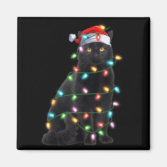 Xmas Lights Santa Hat Black Cat Christmas  Magnet (Vorne)