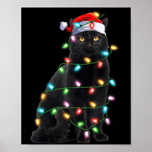 Xmas Lights Santa Hat Black Cat Christmas  Poster (Vorne)
