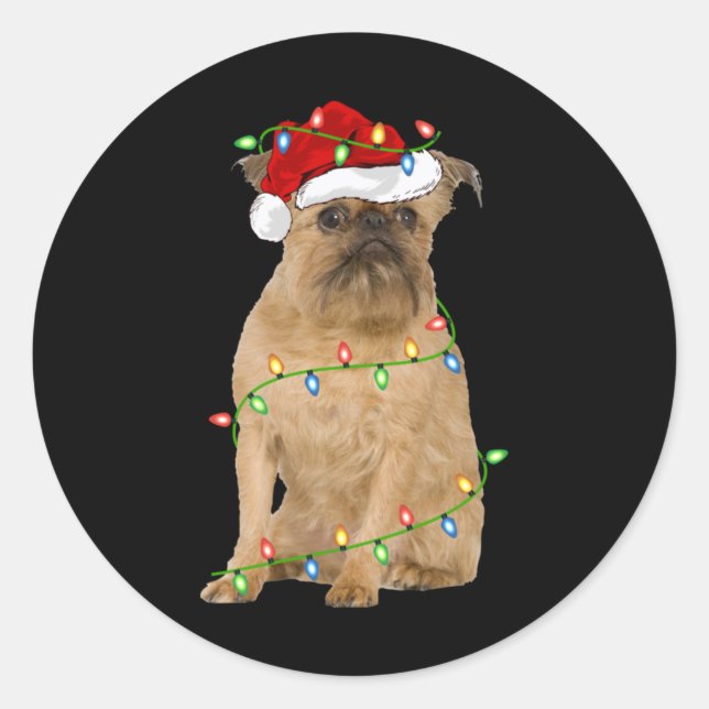 Xmas Lights Santa Hat Brussels Griffon Dog Christm Runder Aufkleber (Vorderseite)