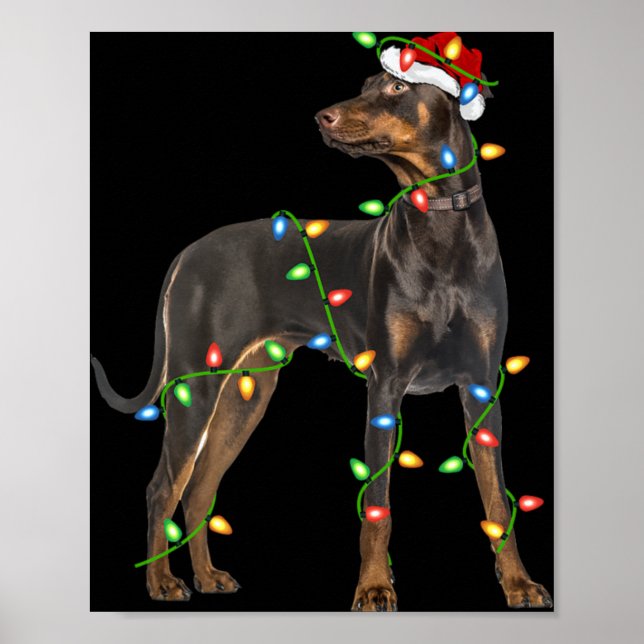 Xmas Lights Santa Hat Doberman Nscher Dog Christ  Poster (Vorne)